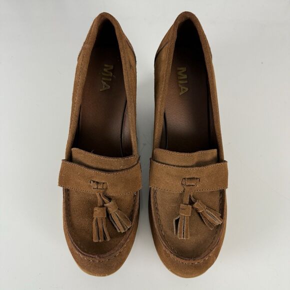 Mia Brigitta Wedge Heel Pump Suede Leather Tasseled Loafers Brown Women 10 Shoes - Picture 5 of 15